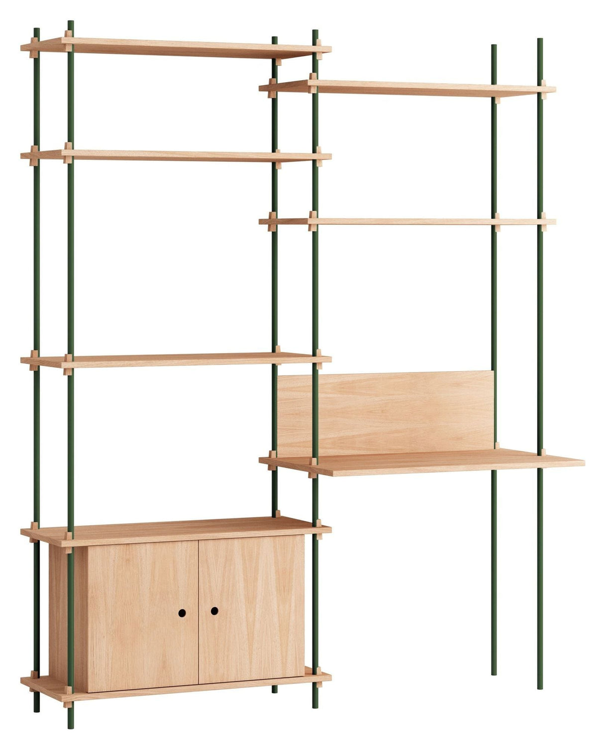 Shelving System with desk and cabinet, 2 bays, 4 shelves, H:200, Oak/Green