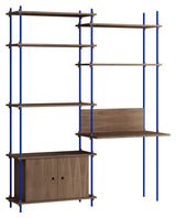 Shelving System with desk and cabinet, 2 bays, 4 shelves, H:200, Smoked Oak/Blue