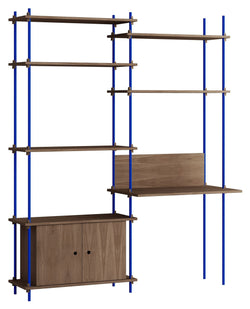 Shelving System with desk and cabinet, 2 bays, 4 shelves, H:200, Smoked Oak/Blue