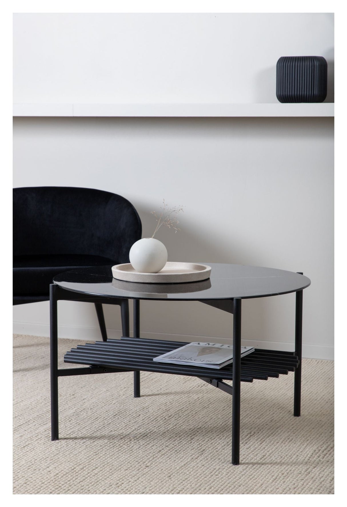 Von Staf Coffee table, Ø80, Black/Black glass with marble look