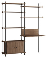 Shelving System with desk and cabinet, 2 bays, 4 shelves, H:200, Smoked Oak/Black