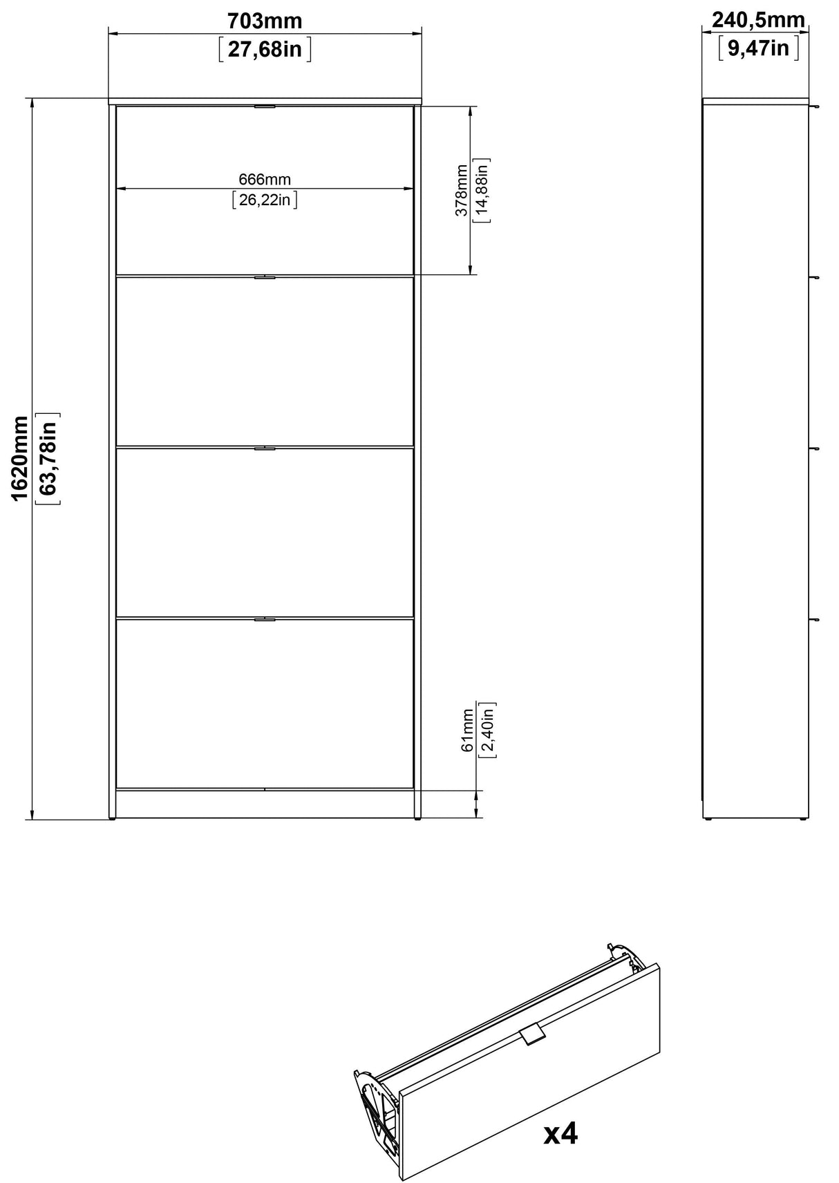 Shoes Shoe Cabinet 4 folding doors with 2 compartments - White