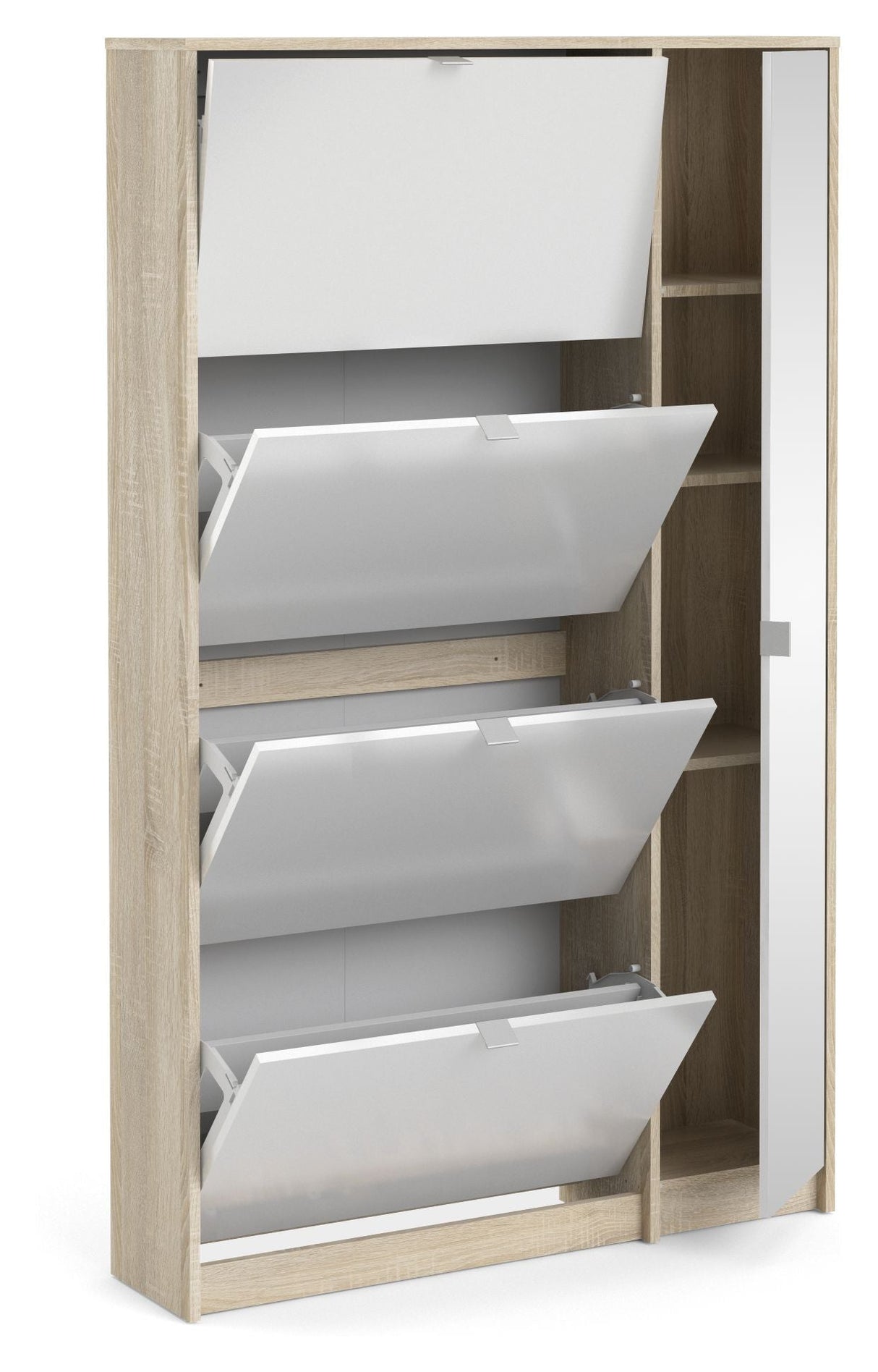 Shoes Shoe cabinet 4 folding doors w/2 compartments + 1 mirror door - Oak structure/White high gloss