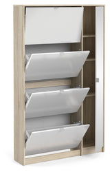 Shoes Shoe cabinet 4 folding doors w/2 compartments + 1 mirror door - Oak structure/White high gloss