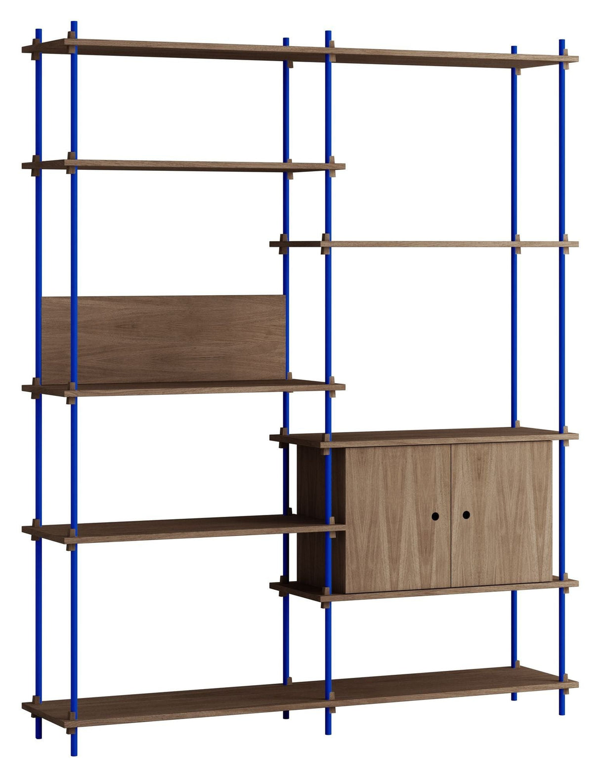 Shelving System w. cabinet, 2 bays, 8 shelves, H:200, Smoked Oak/Blue