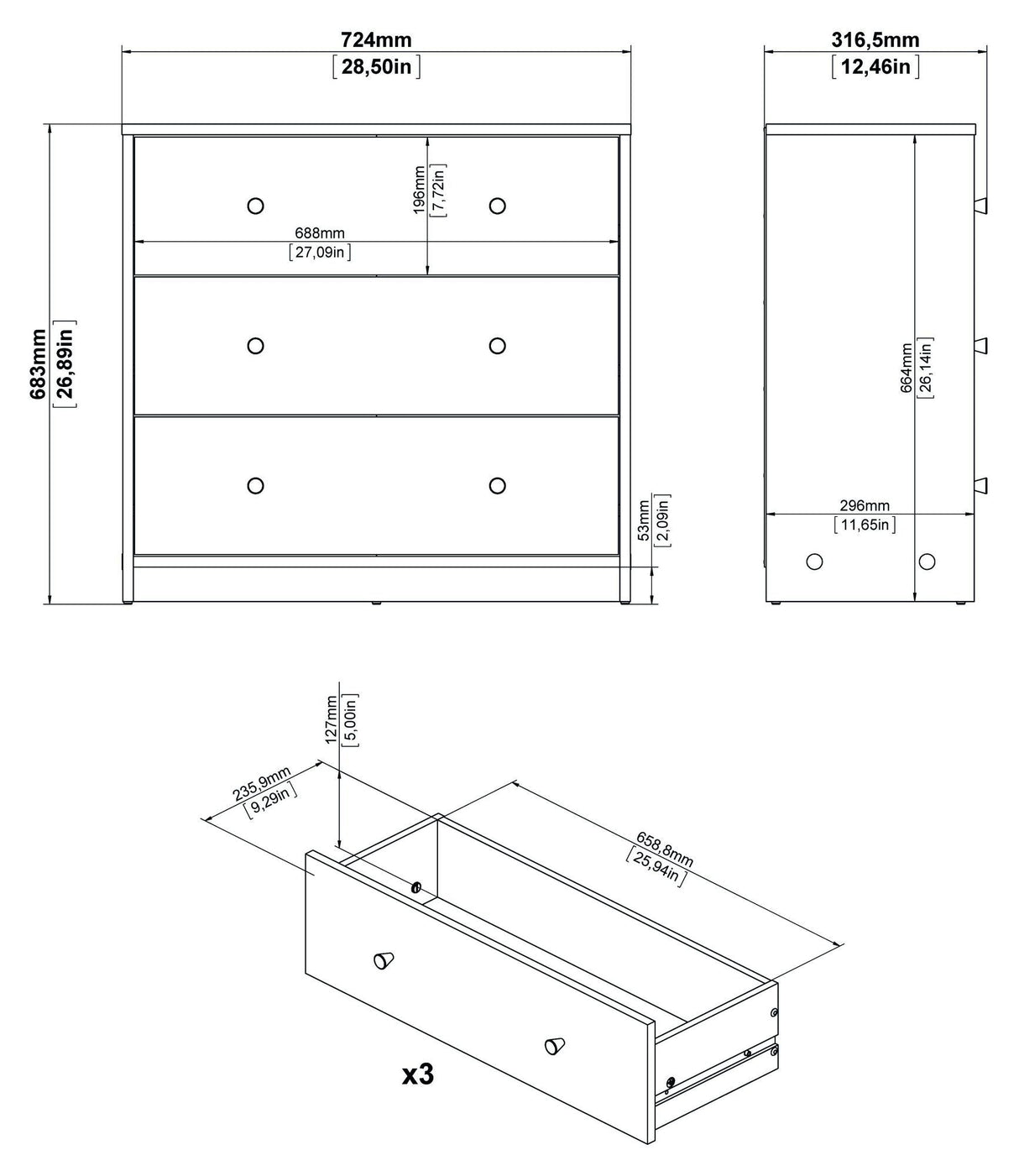 May Chest w/3 drawers - Gray foil