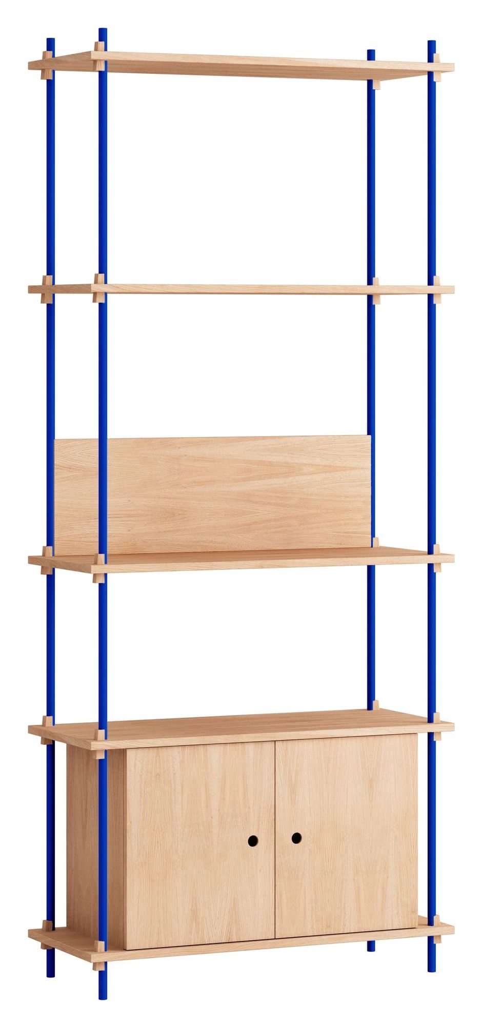 Shelving System w. cabinet, 1 bay, 3 shelves, H:200, Oak/Blue