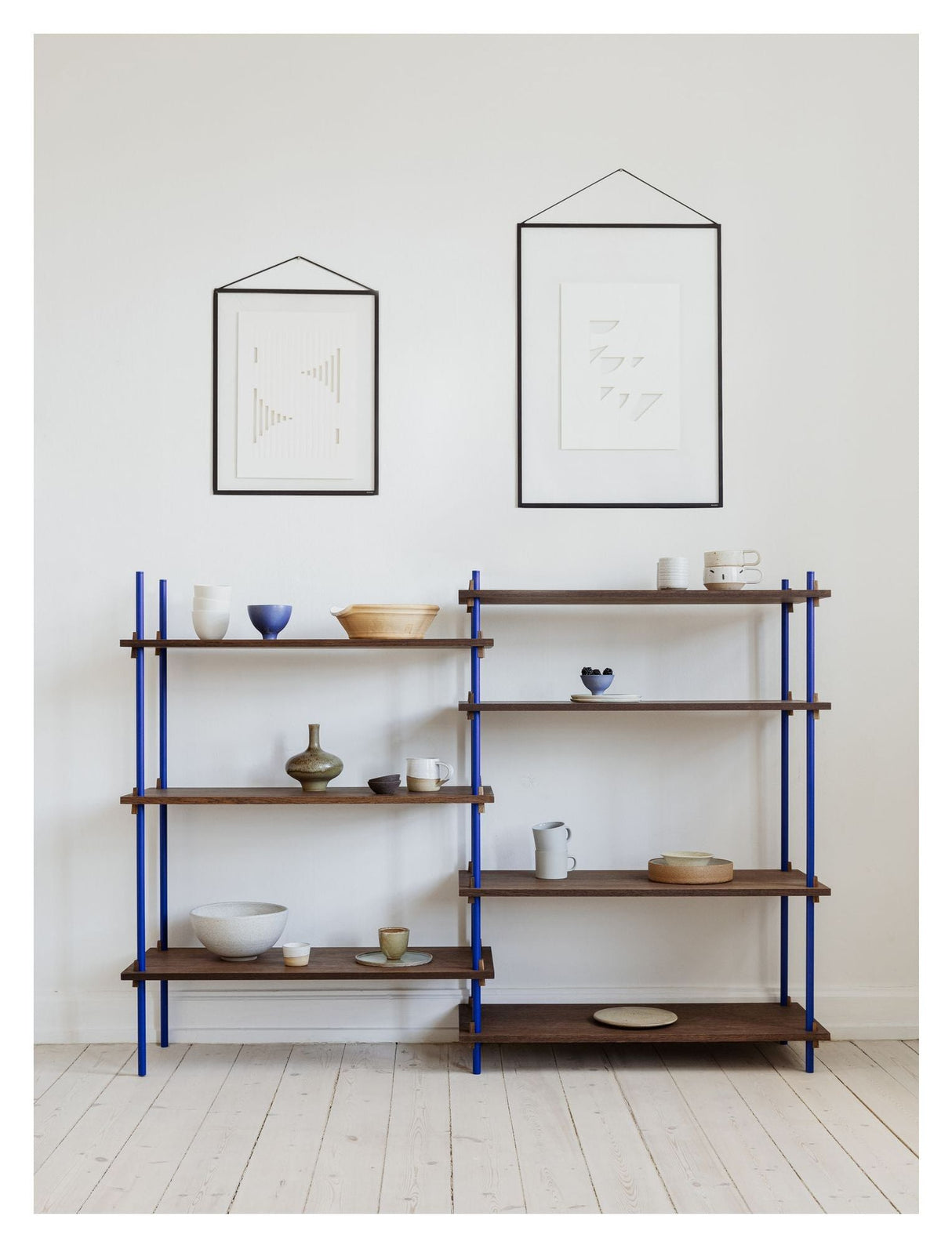 Shelving System, 2 bays, 7 shelves, H:115, Smoked Oak/Blue