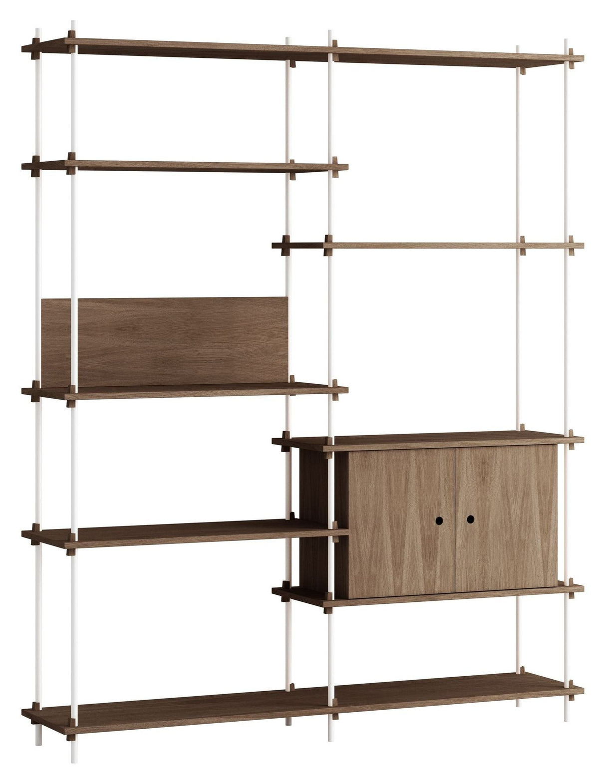 Shelving System w. cabinet, 2 bays, 8 shelves, H:200, Smoked Oak/White