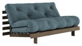 Roots 160 Sofa bed, Brown lacquered pine, Petrol Blue