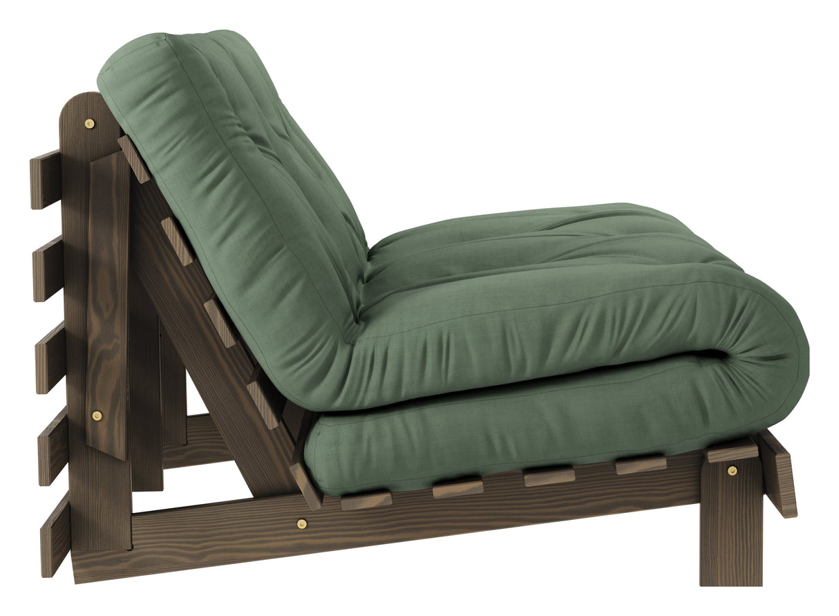 Roots 140 Sofa bed, Brown lacquered pine, Olive Green