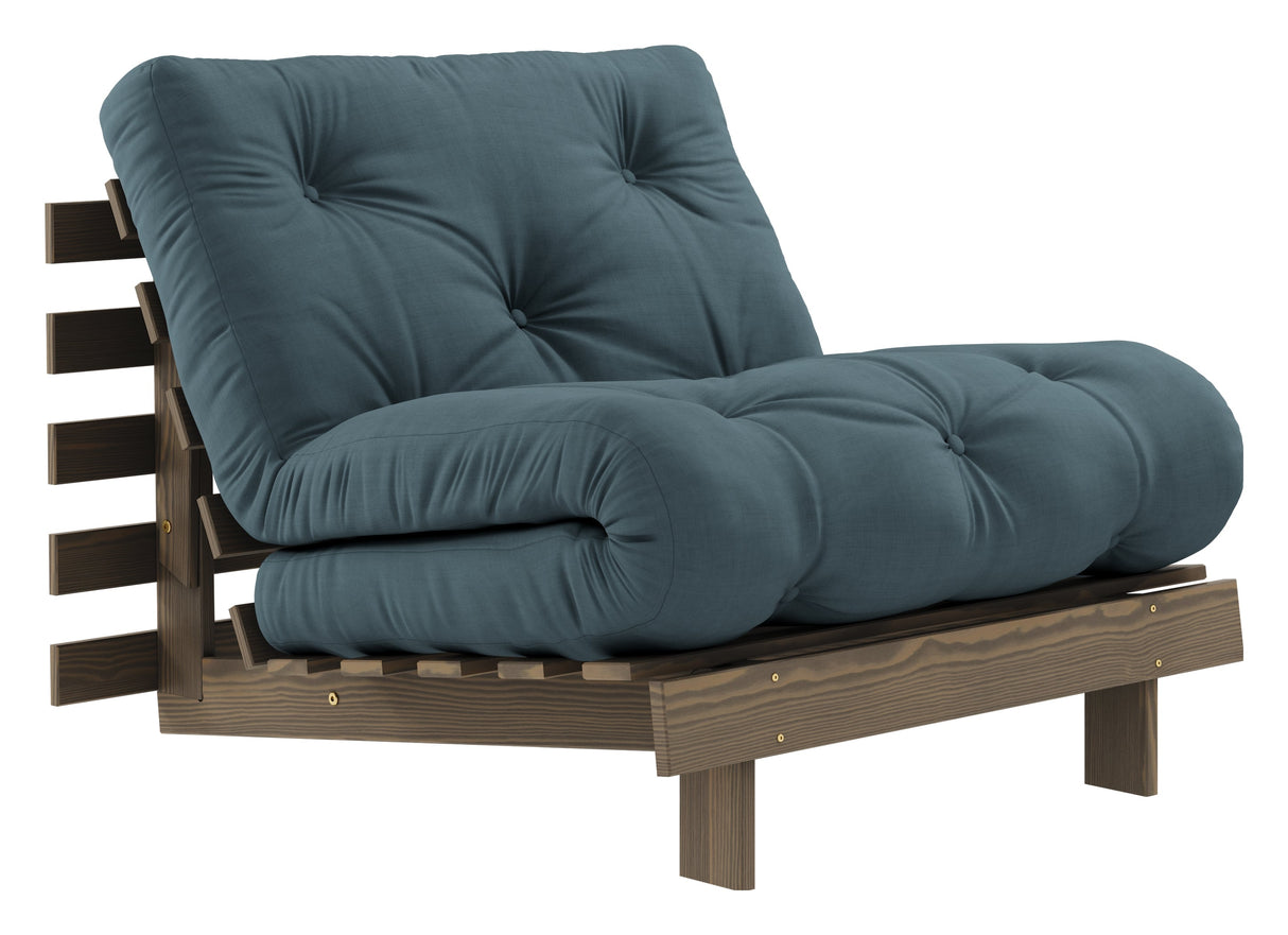 Roots 90 Sofa bed, Brown lacquered pine, Petrol Blue