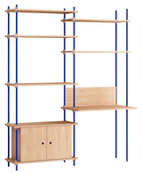 Shelving System with desk and cabinet, 2 bays, 4 shelves, H:200, Oak/Blue