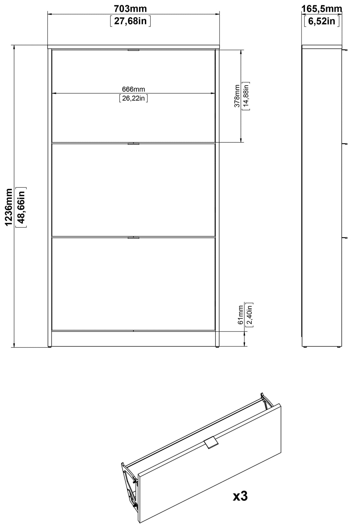 Shoes Shoe Cabinet 3 folding doors with 1 compartment - White