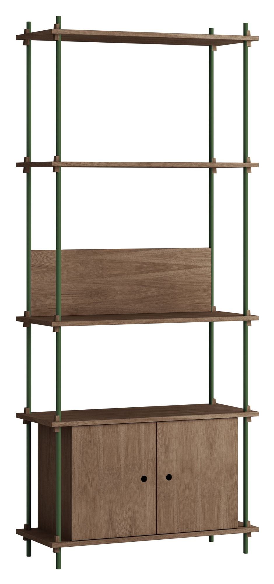 Shelving System w. cabinet, 1 bay, 3 shelves, H:200, Smoked Oak/Green