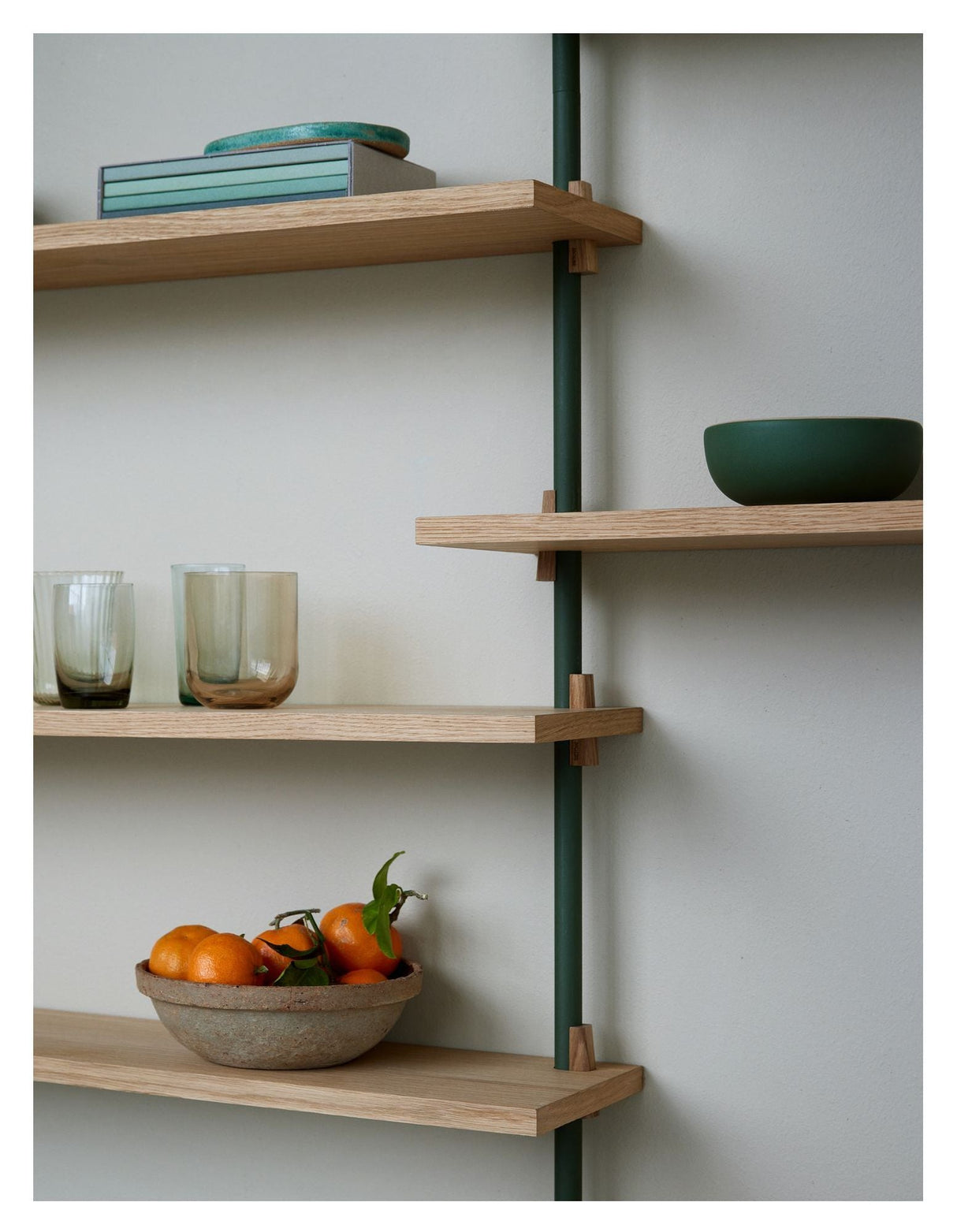 Wall Shelving, 2 bays, 5 shelves, H:85, Oak/Green