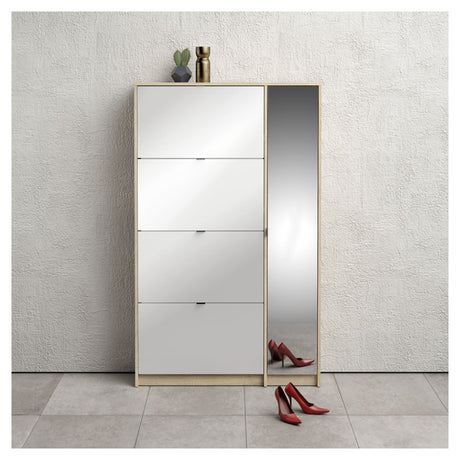 Shoes Shoe cabinet 4 folding doors w/2 compartments + 1 mirror door - Oak structure/White high gloss