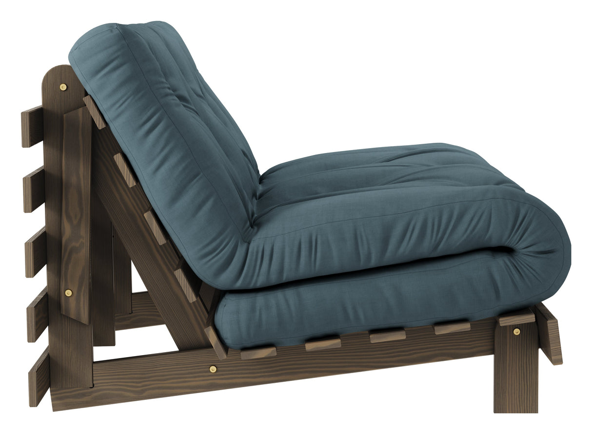 Roots 140 Sofa bed, Brown lacquered pine, Petrol Blue