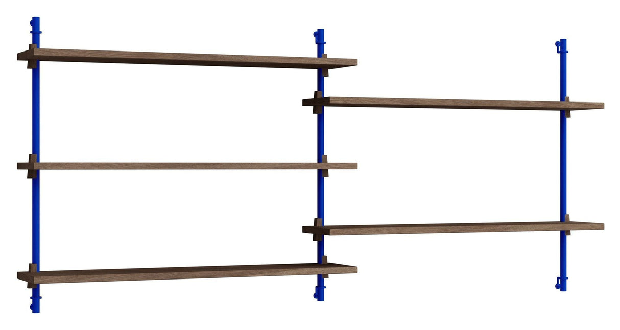 Wall Shelving, 2 bays, 5 shelves, H:65, Smoked Oak/Blue