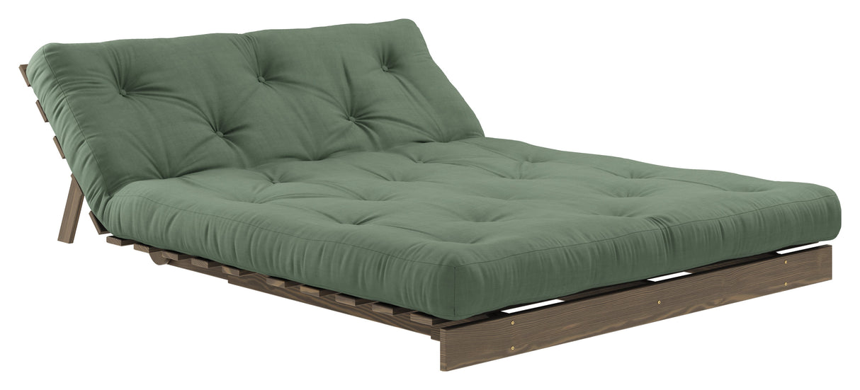 Roots 140 Sofa bed, Brown lacquered pine, Olive Green