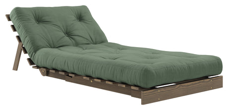 Roots 90 Sofa bed, Brown lacquered pine, Olive Green