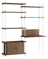 Shelving System with desk and cabinet, 2 bays, 4 shelves, H:200, Smoked Oak/White