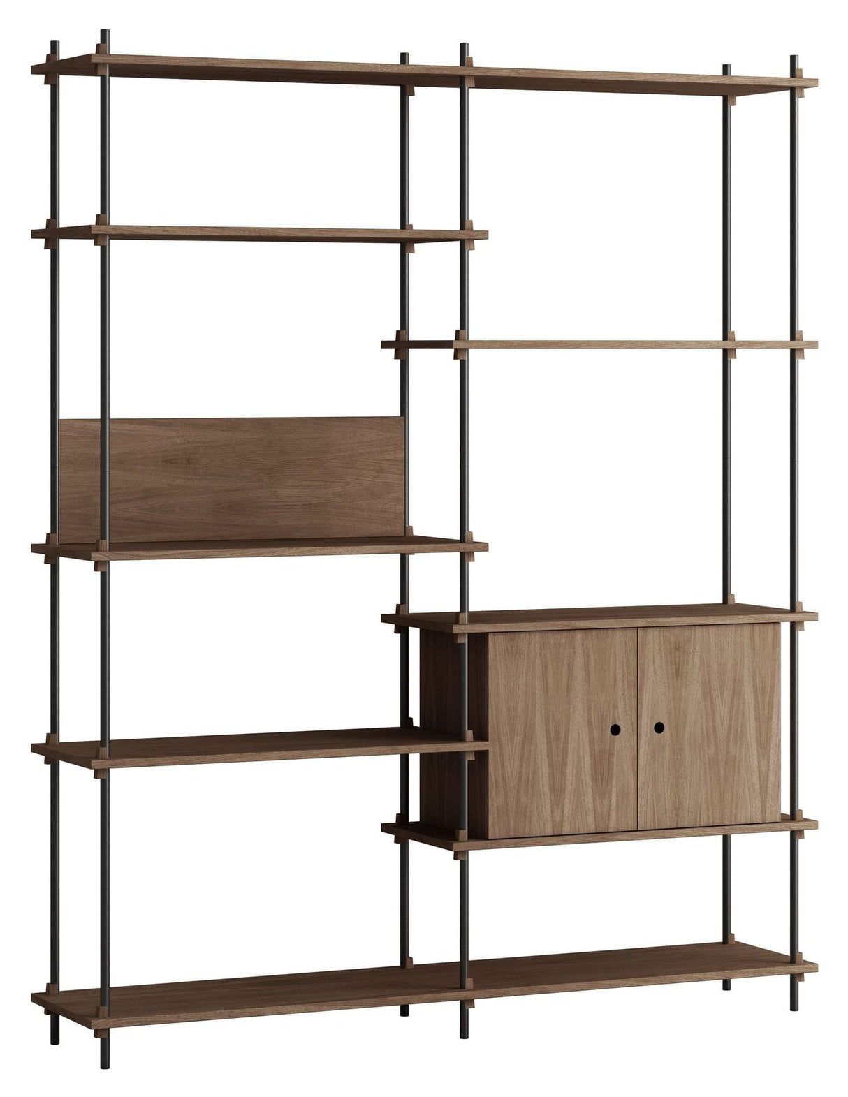 Shelving System w. cabinet, 2 bays, 8 shelves, H:200, Smoked Oak/Black