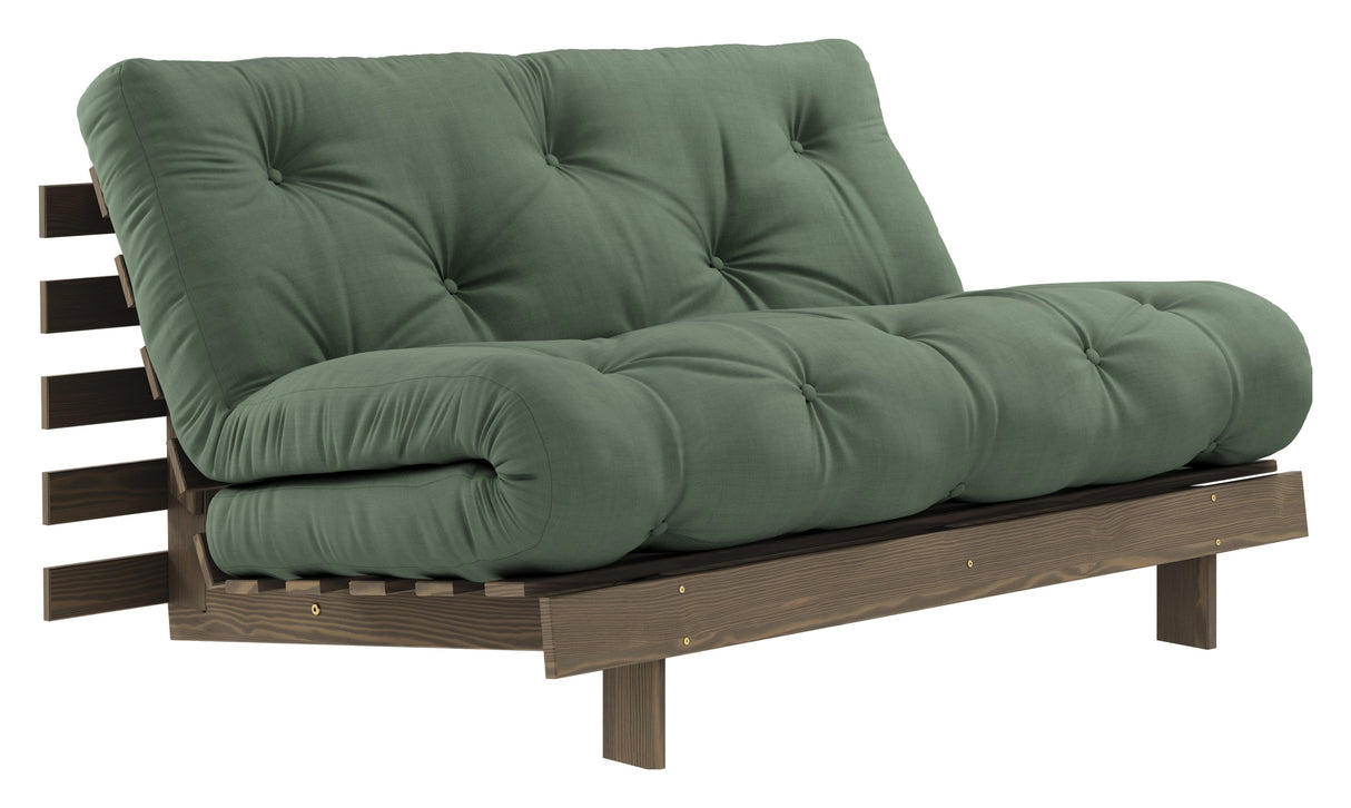 Roots 140 Sofa bed, Brown lacquered pine, Olive Green