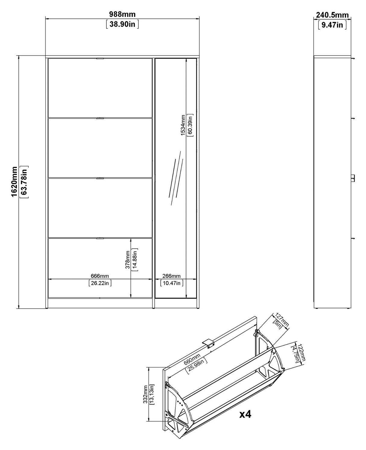 Shoes Shoe cabinet 4 folding doors w/2 compartments + 1 mirror door - Oak structure/White high gloss