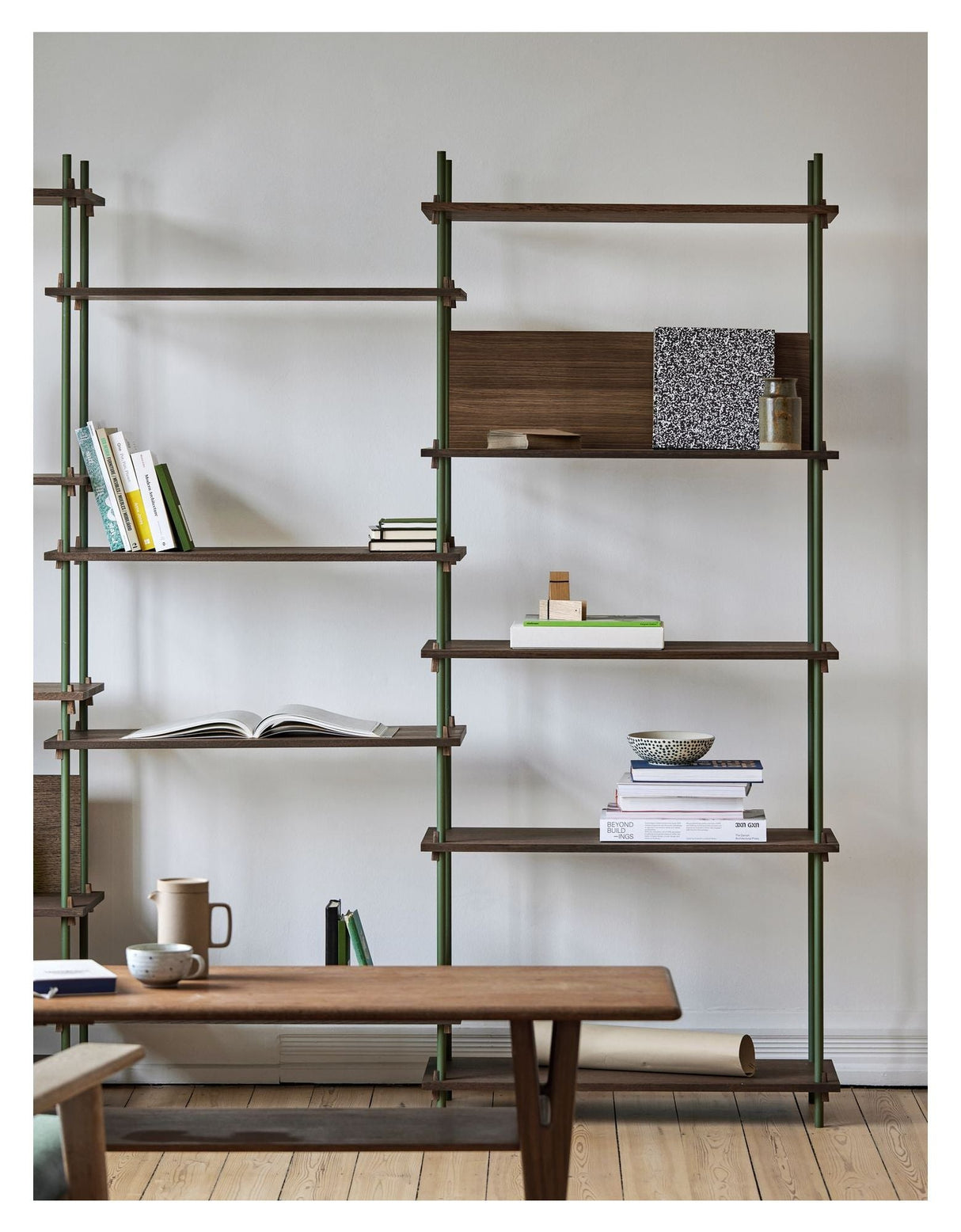 Shelving System, 2 bays, 9 shelves, H:200, Smoked Oak/Green