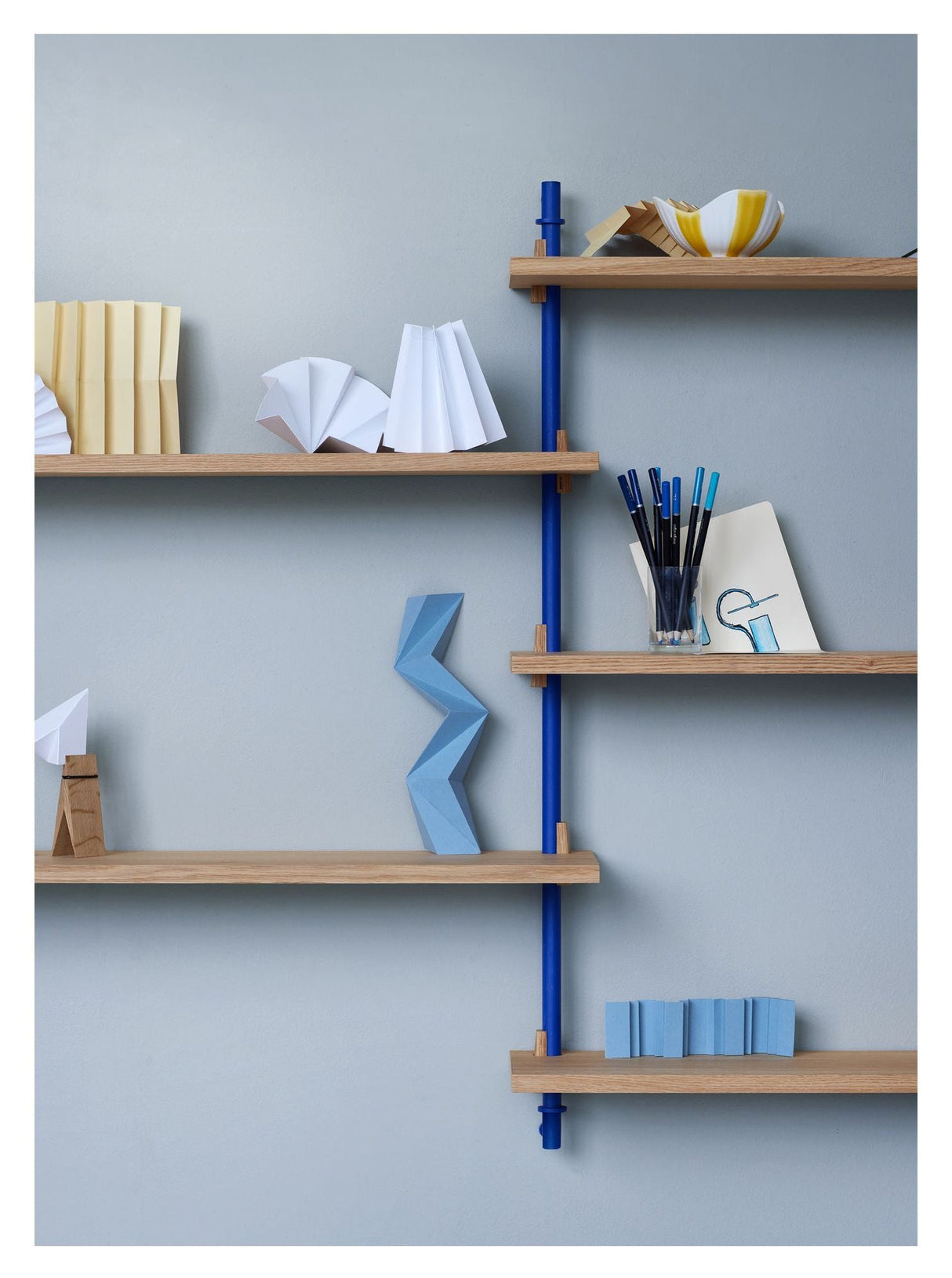 Wall Shelving, 2 bays, 5 shelves, H:85, Oak/Blue