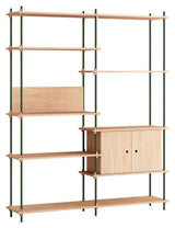 Shelving System w. cabinet, 2 bays, 8 shelves, H:200, Oak/Green