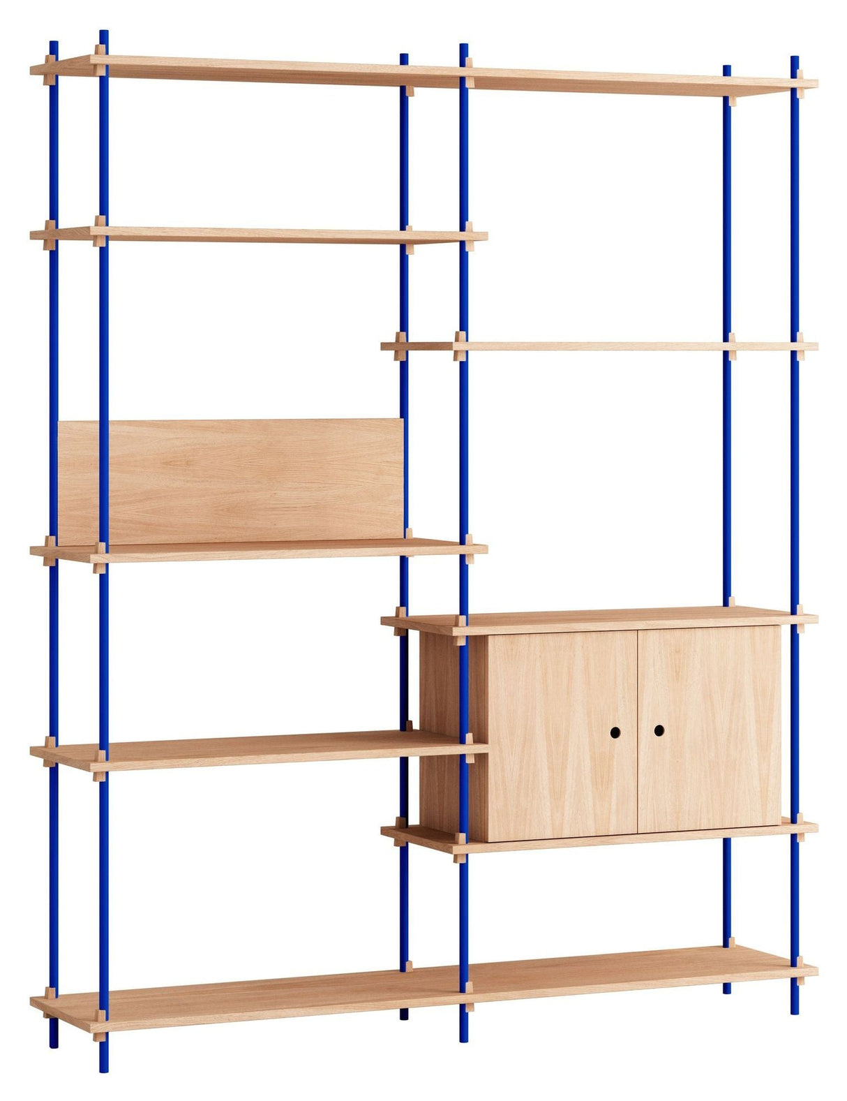 Shelving System w. cabinet, 2 bay, 8 shelves, H:200, Oak/Blue