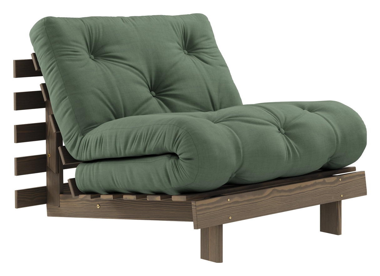 Roots 90 Sofa bed, Brown lacquered pine, Olive Green