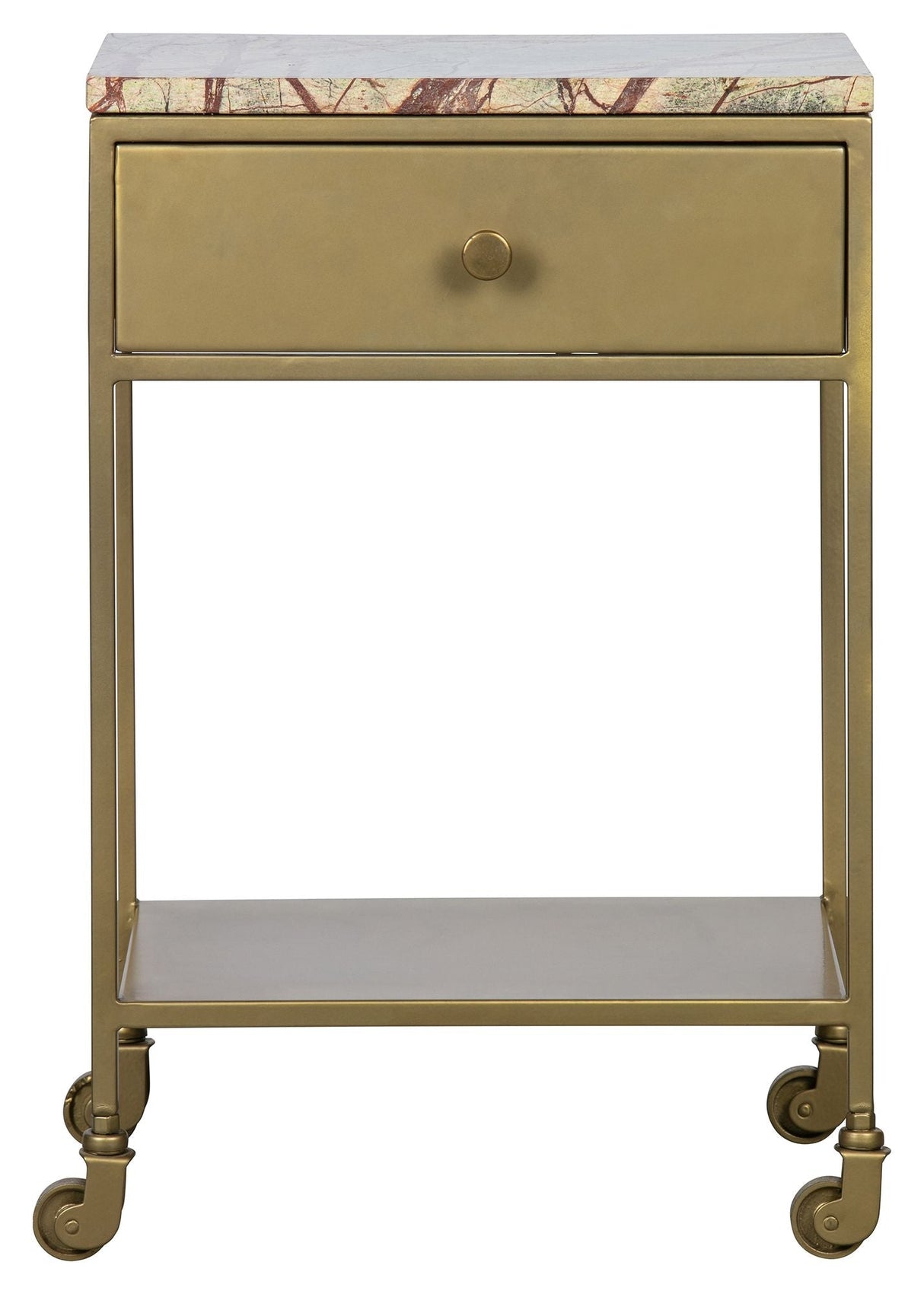 Clinic Bedside table with drawer and wheels, Marble/Antique Brass