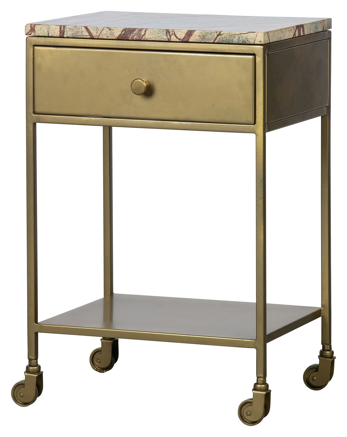 Clinic Bedside table with drawer and wheels, Marble/Antique Brass