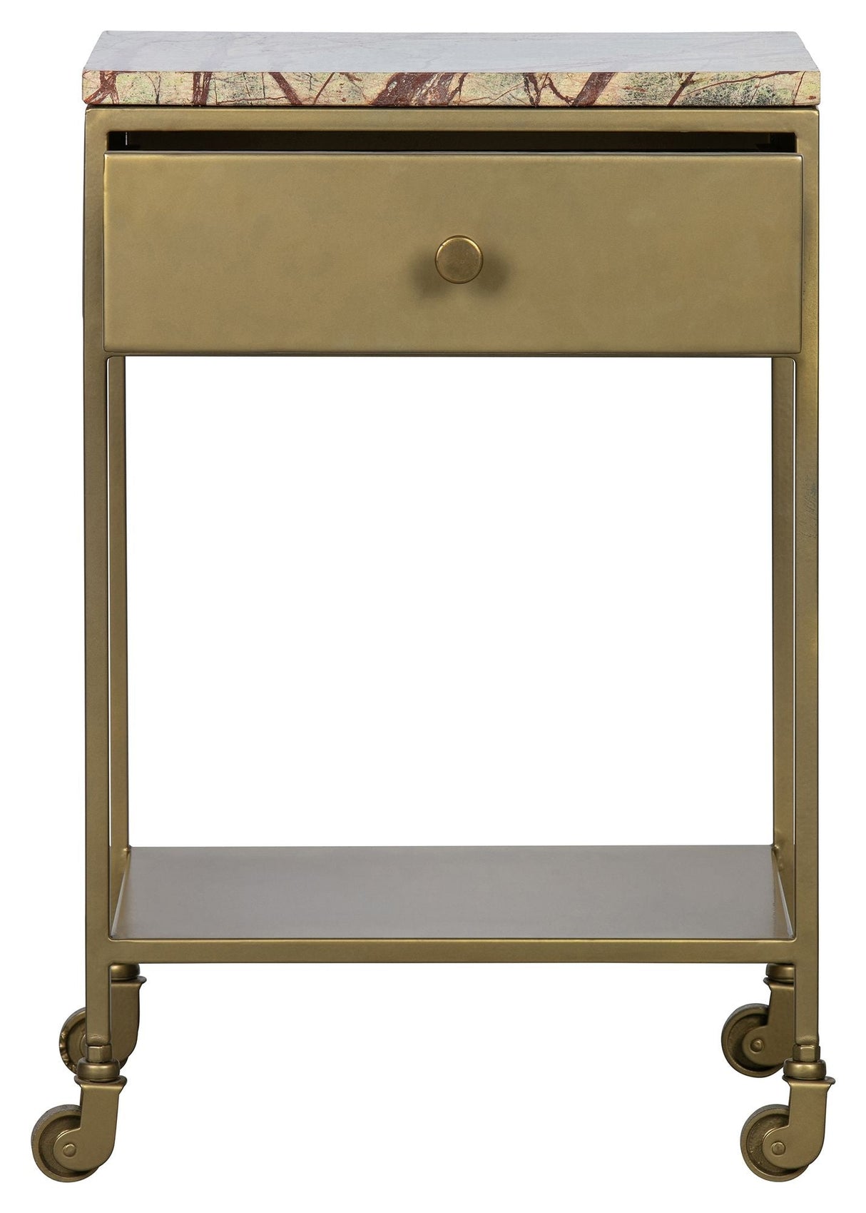 Clinic Bedside table with drawer and wheels, Marble/Antique Brass