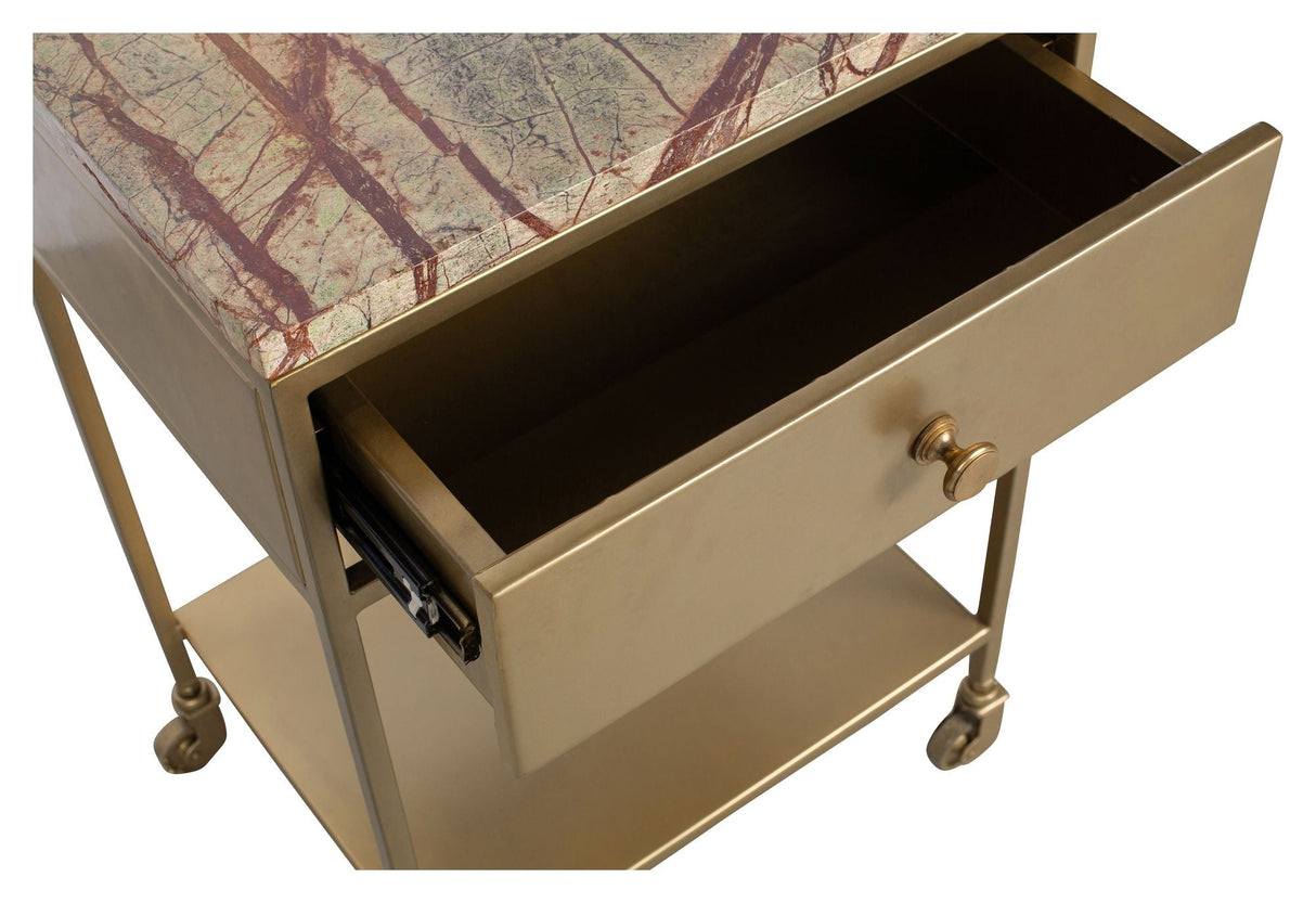 Clinic Bedside table with drawer and wheels, Marble/Antique Brass