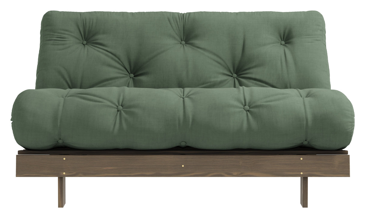 Roots 140 Sofa bed, Brown lacquered pine, Olive Green