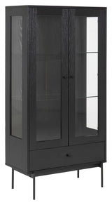 Angus Vitrine cabinet with 2 glass doors/1 drawer, Black melamine/matte black