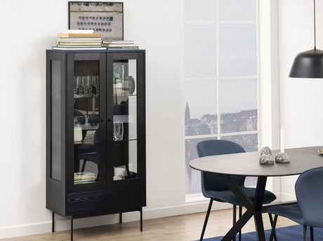 Angus Vitrine cabinet with 2 glass doors/1 drawer, Black melamine/matte black