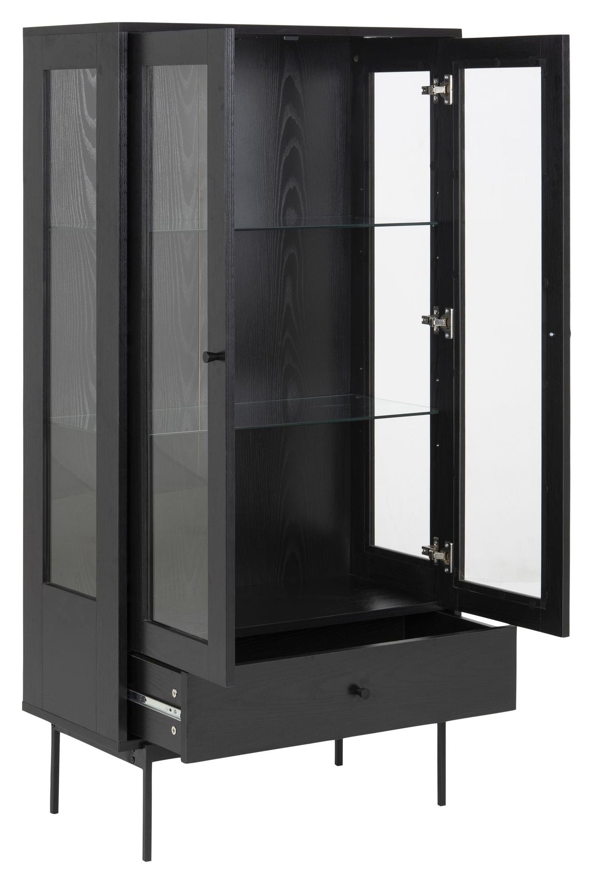 Angus Vitrine cabinet with 2 glass doors/1 drawer, Black melamine/matte black