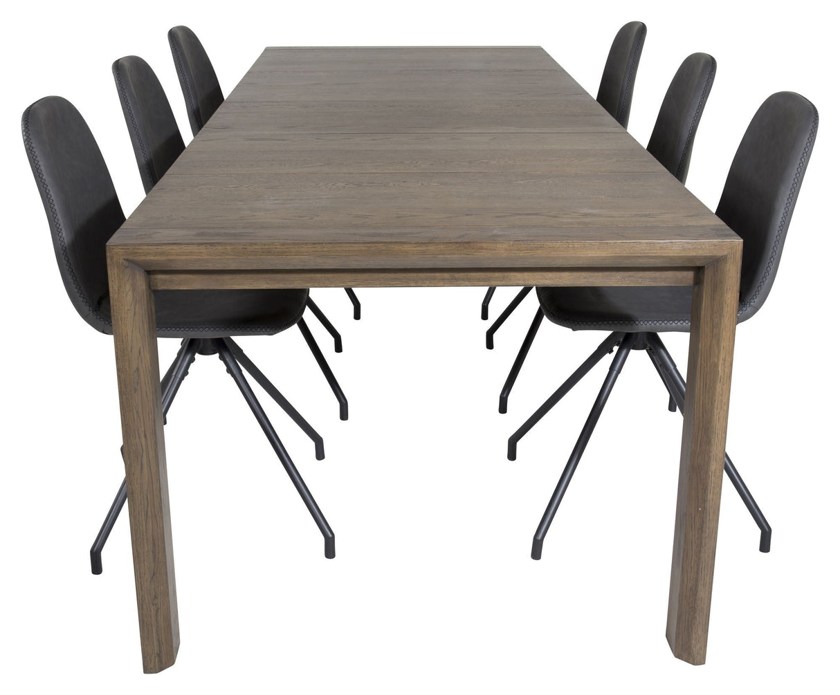 Slider Dining table w. extension, Smoked oak with 6 Polar chairs w. spin, Black PU