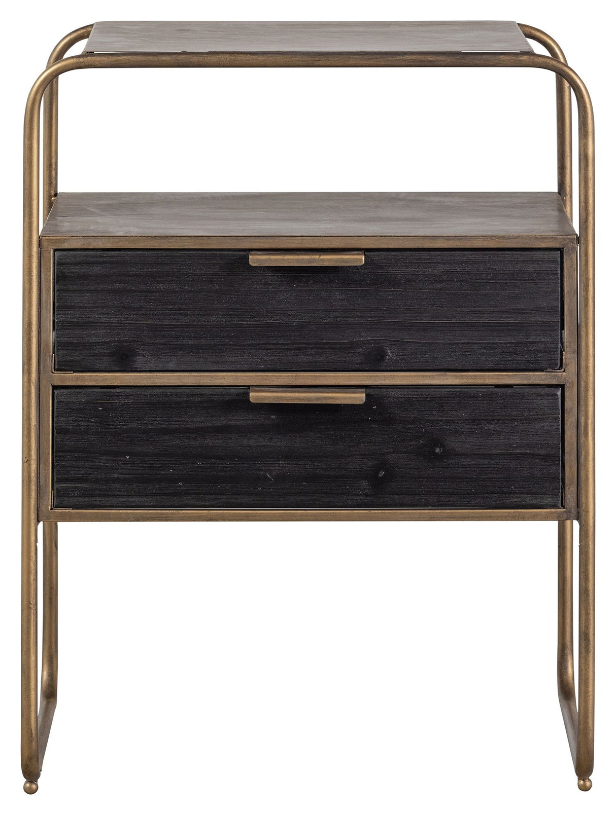 Polite Bedside table with 2 drawers, Black wood/Antique brass