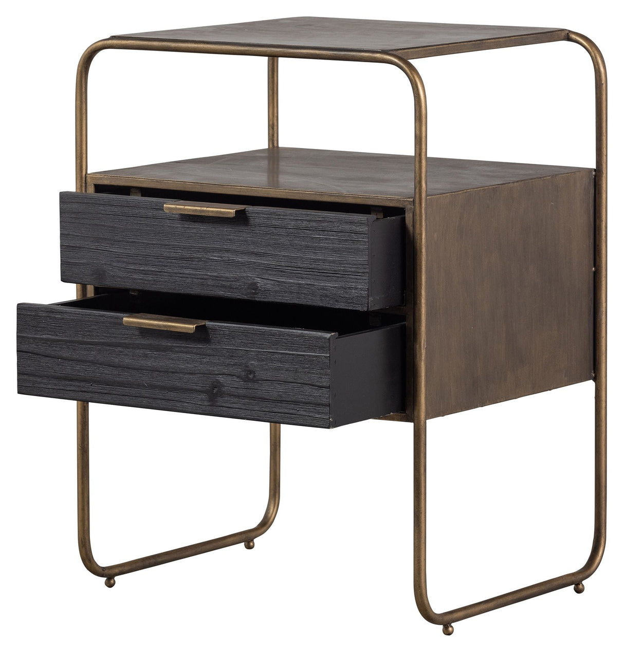 Polite Bedside table with 2 drawers, Black wood/Antique brass