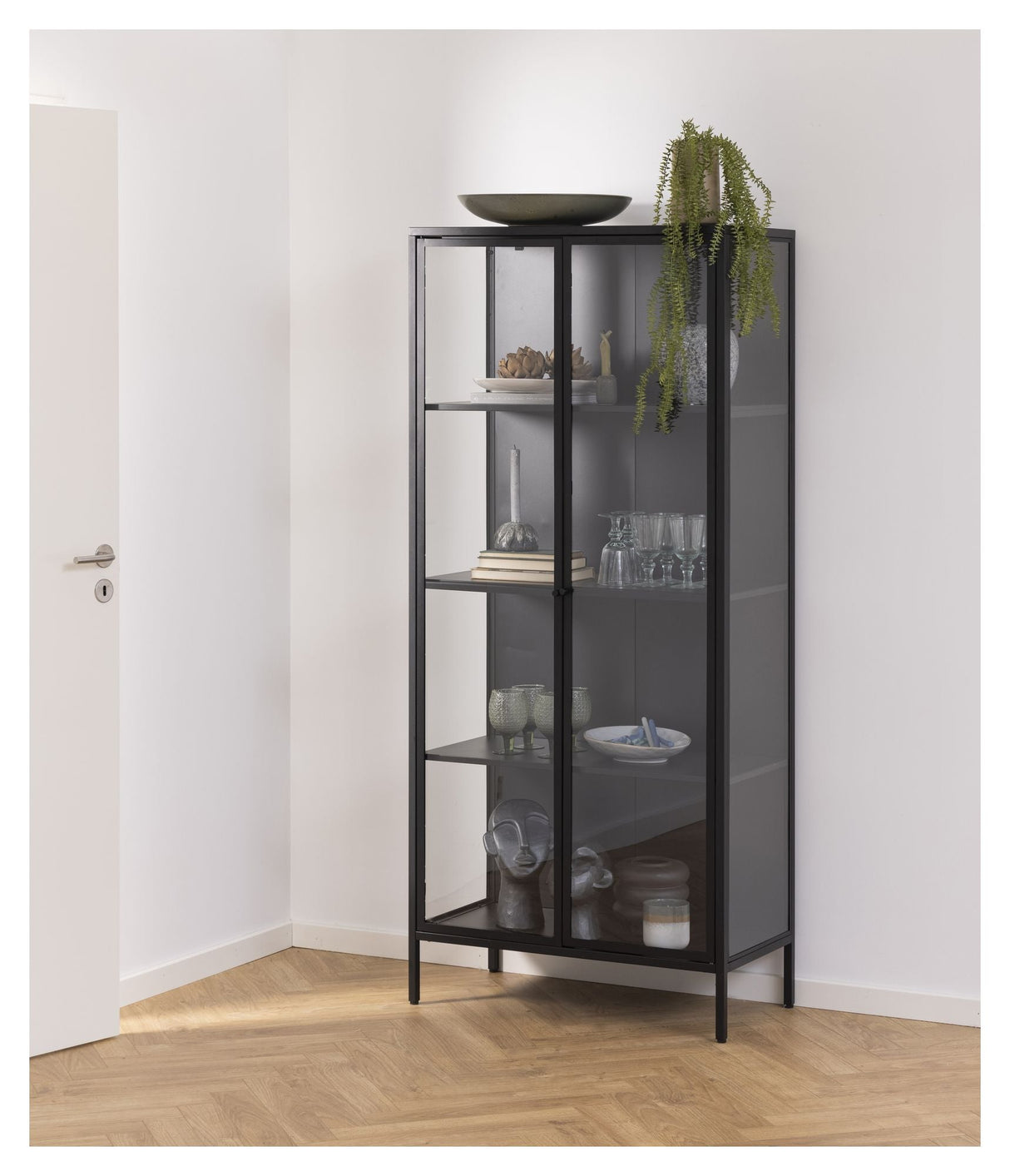 Newcastle Vitrine cabinet with 2 glass doors, Matte black metal