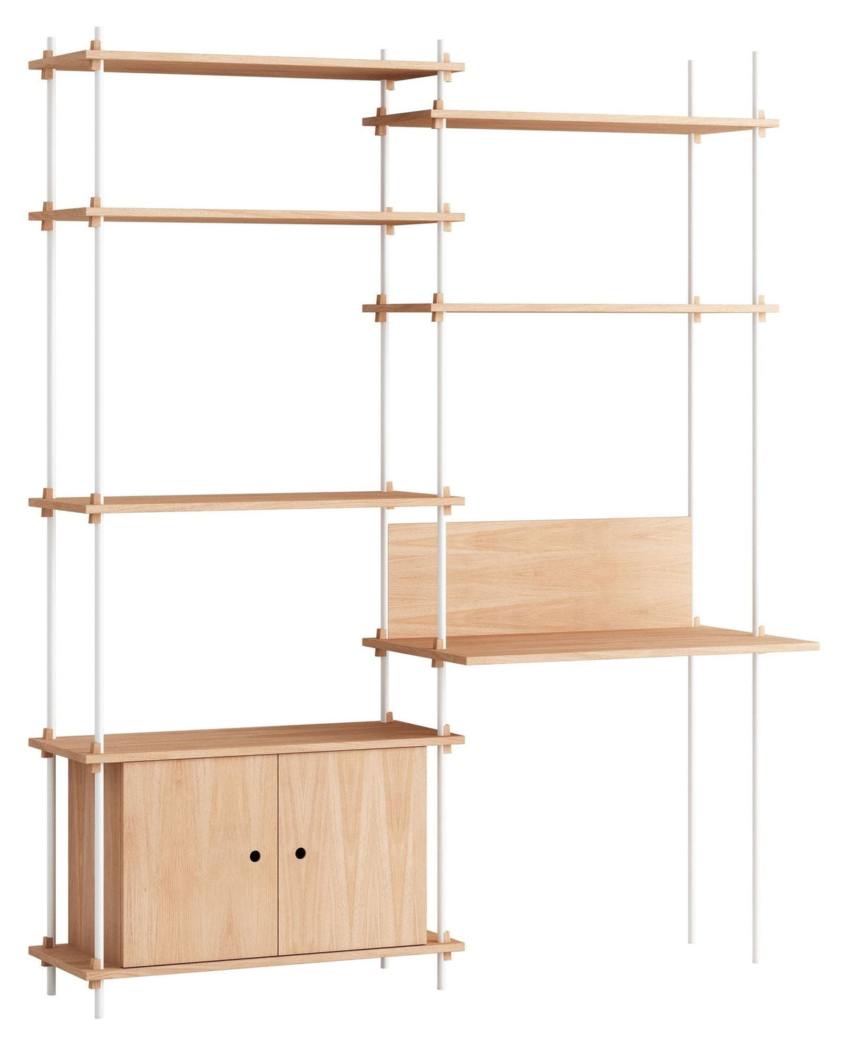 Shelving System with desk and cabinet, 2 bays, 4 shelves, H:200, Oak/White