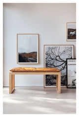 Rib Bench Bamboo with Light brown leather cushion, W: 104cm