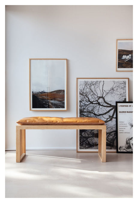 Rib Bench Bamboo with Light brown leather cushion, W: 104cm