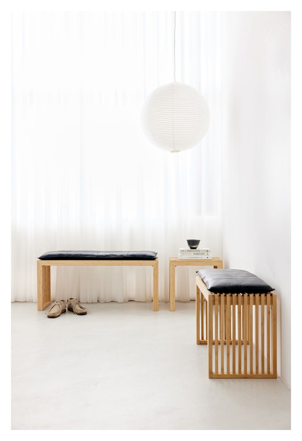 Rib Bench Bamboo with Black leather cushion, W: 104cm